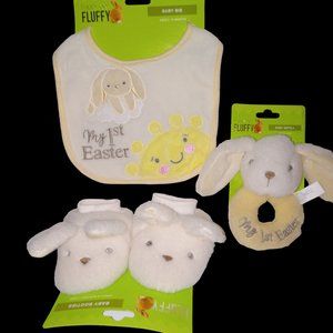 Happy Go Fluffy Baby’s My 1st Easter Bunny Bib, Rattle, and Booties - New!